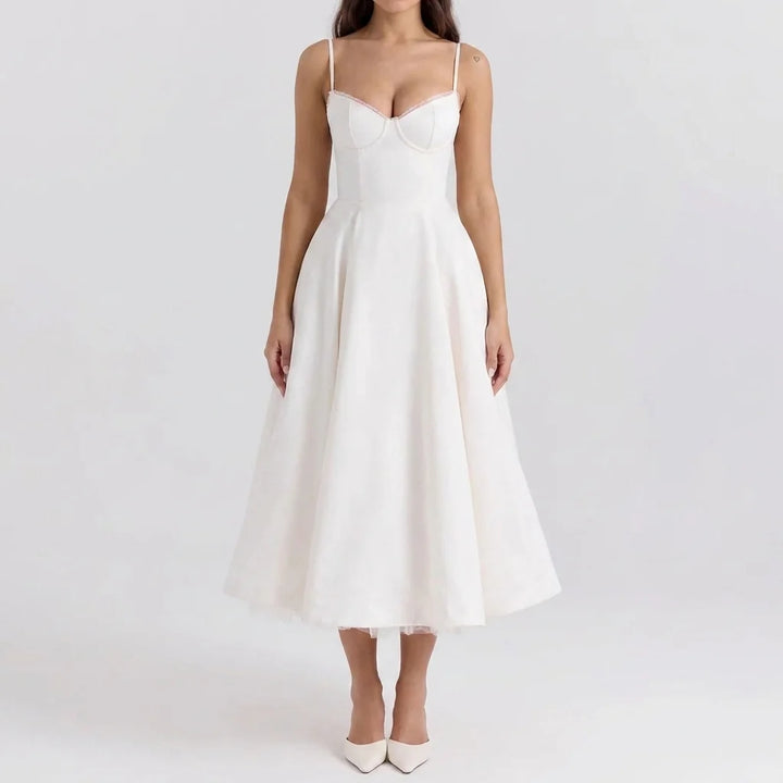 Full-length view of corset midi dress with structured bodice and midi hemline