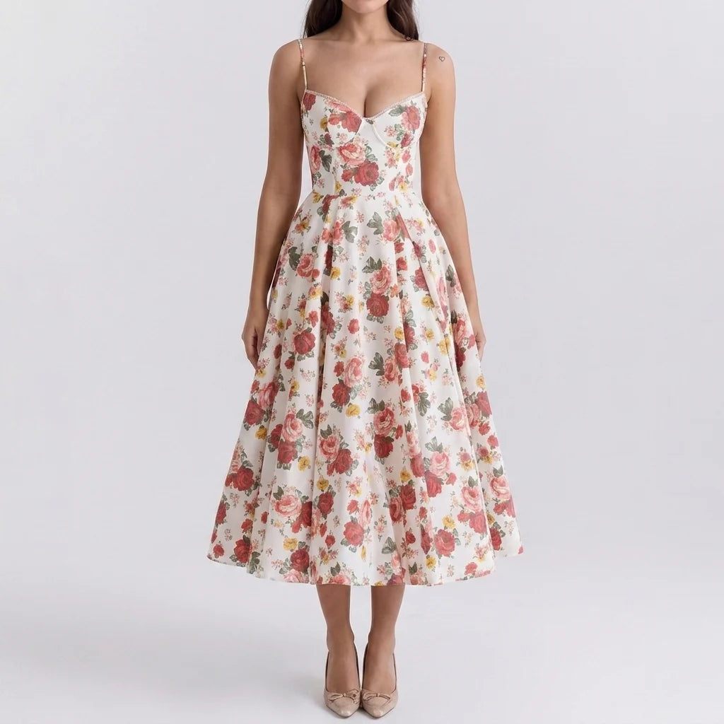 Corset midi dress styled for formal events with flowing skirt and fitted bodice