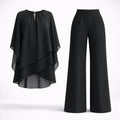Layered two-piece set for women featuring flowing overlay top with keyhole neckline and wide-leg trousers in black