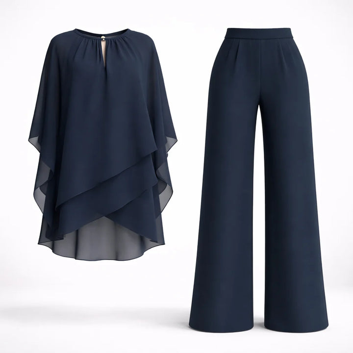 Women's occasion wear two-piece set with graceful overlay detailing and relaxed fit trousers