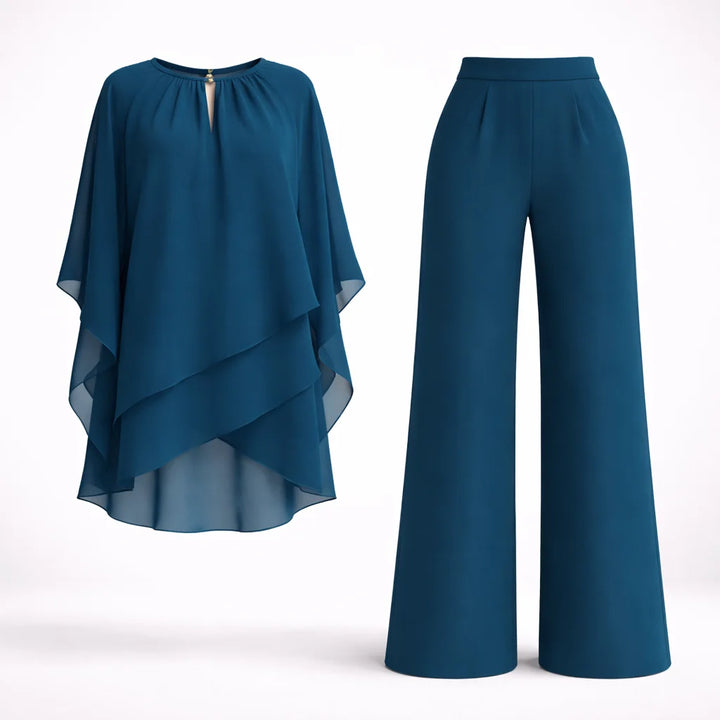 Chiffon-style overlay top and wide-leg trousers set for women in versatile black