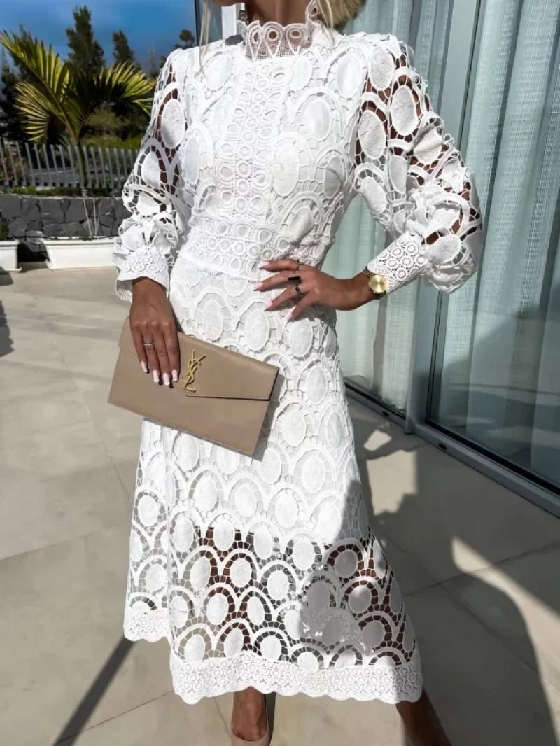 Back view of Elegant French Lace Dress showing button closure and lace panel details
