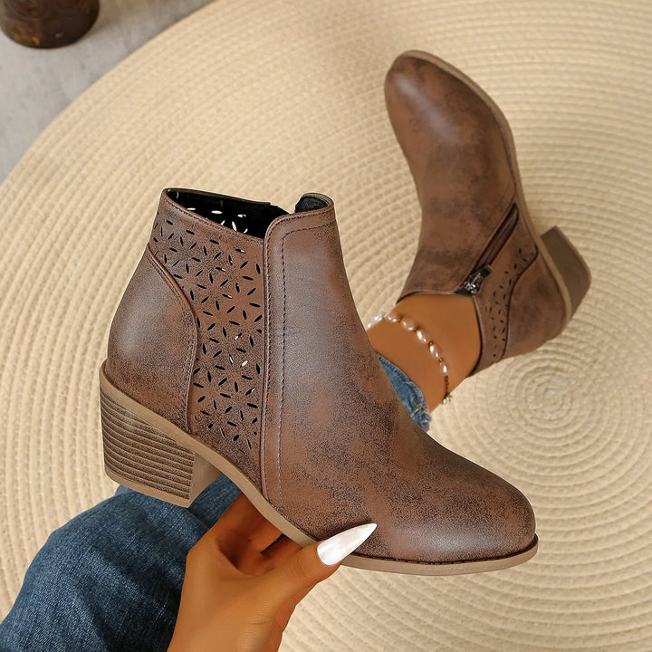 Side-by-side comparison of women's ankle boots cutout detail from front and back angles