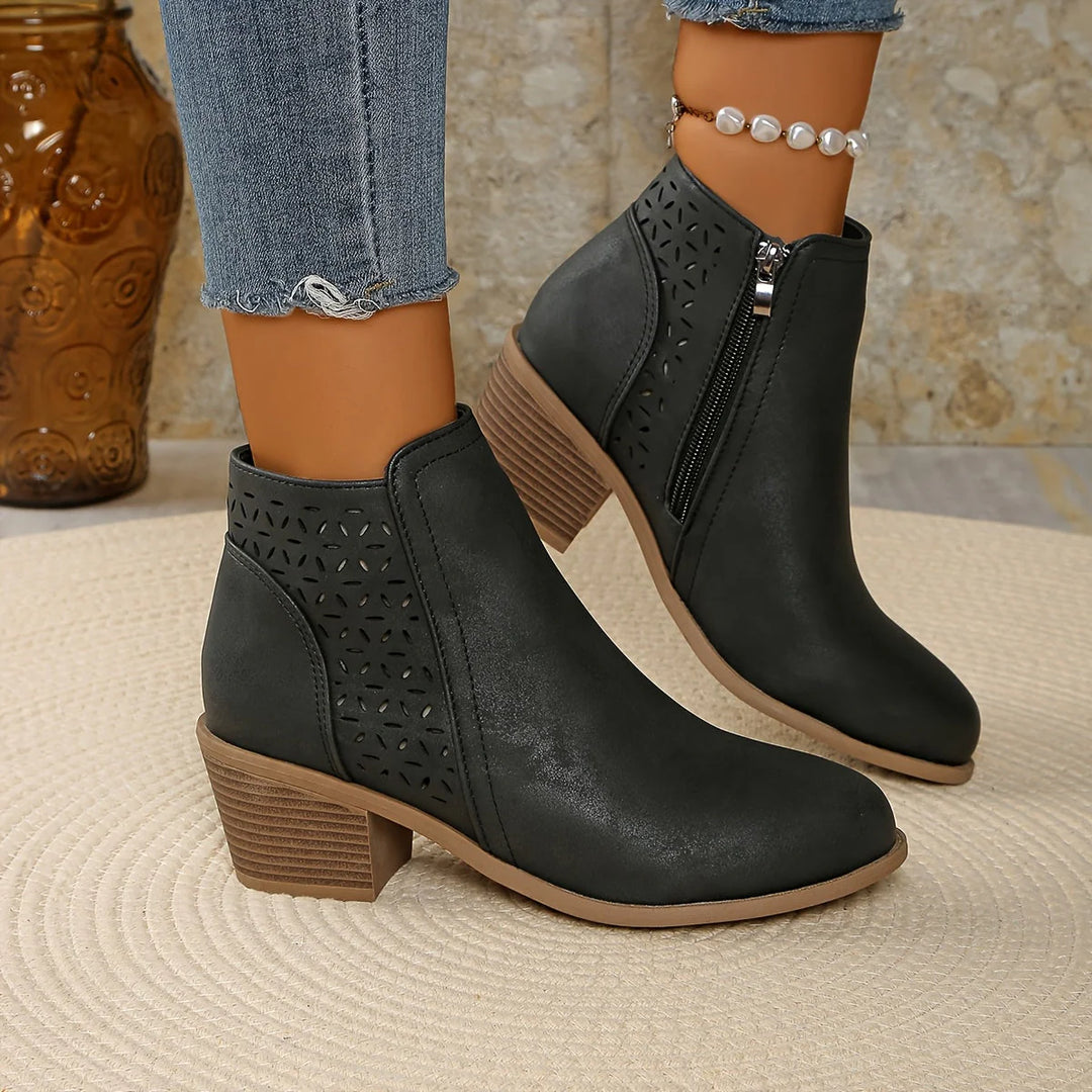 Women's ankle boots cutout detail in blue displayed from multiple angles showing design features