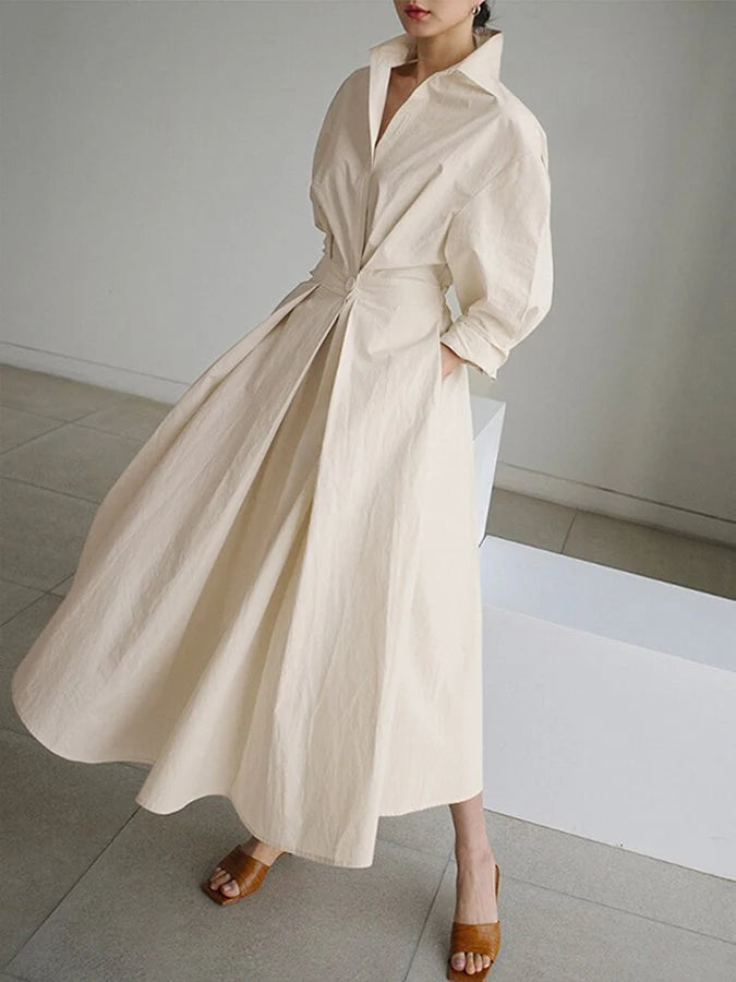 Women's Collared A-Line Midi Dress in beige with belted waist and 3/4 sleeves