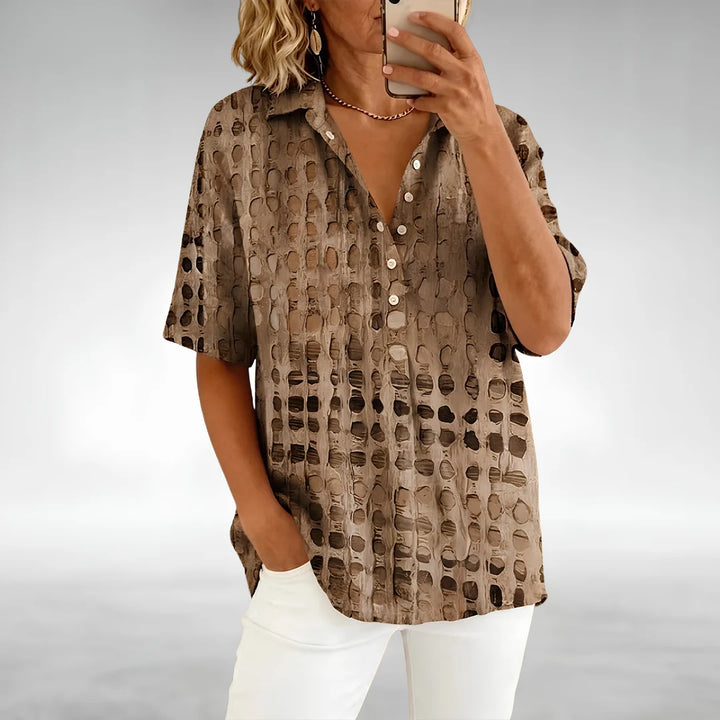 Detail shot of the geometric pattern and lightweight fabric on the Relaxed Comfort Top