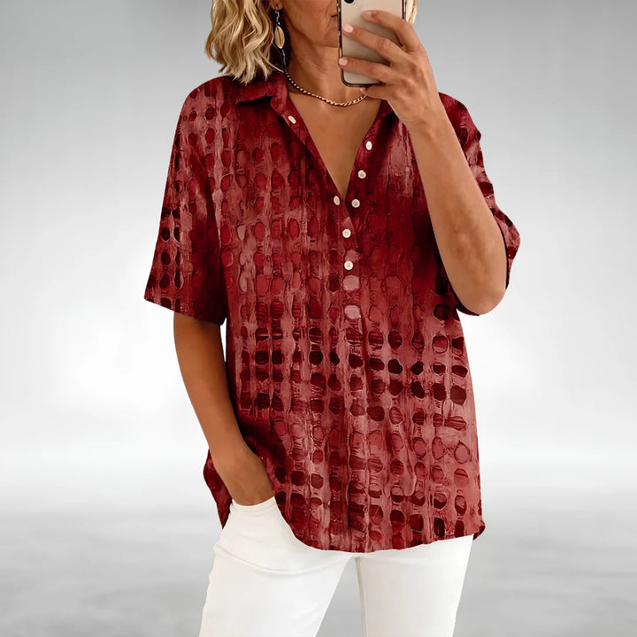 Woman styling the Relaxed Comfort Top for casual everyday wear