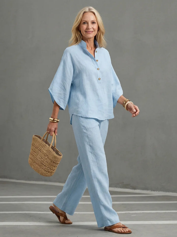 Women's relaxed fit two piece set with stand collar top and straight-leg trousers in sky blue