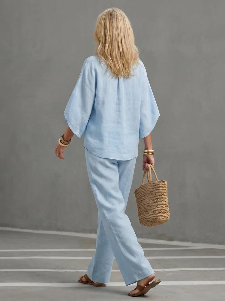 Sky blue relaxed fit co-ord set with airy sleeves and straight-leg trousers for everyday wear