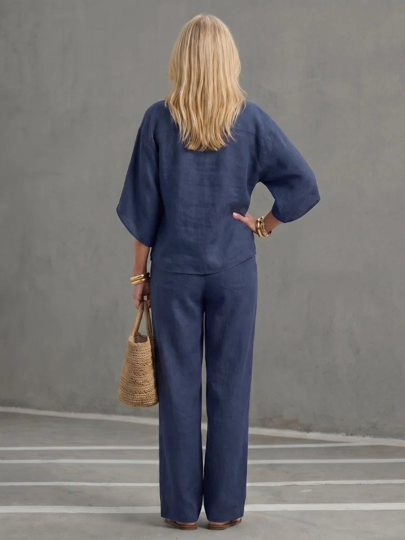 Relaxed fit two piece set in sky blue featuring breathable fabric and comfortable silhouette
