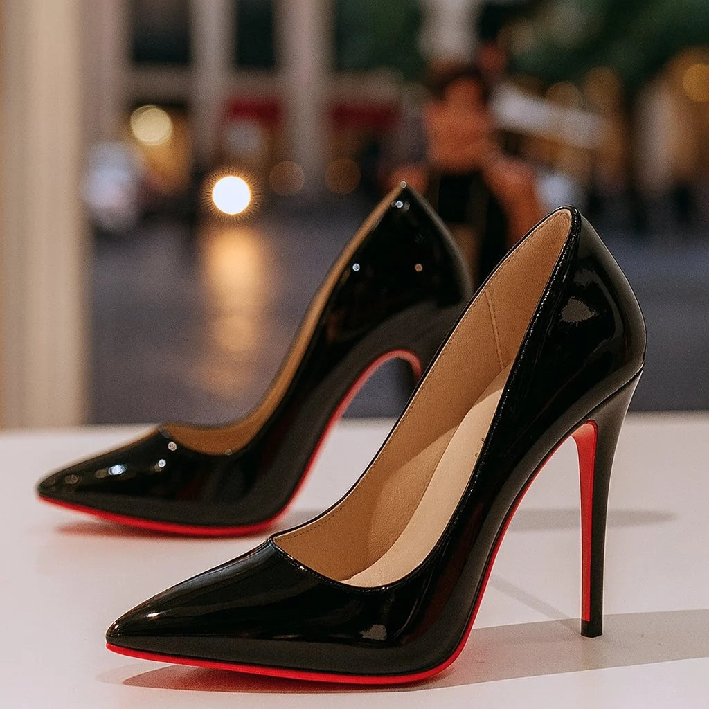Detail shot of Black Women's Patent Leather Stiletto Heels Pointed Toe featuring cushioned insole and glossy upper