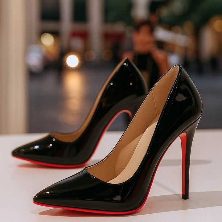 Detail shot of Black Women's Patent Leather Stiletto Heels Pointed Toe featuring cushioned insole and glossy upper