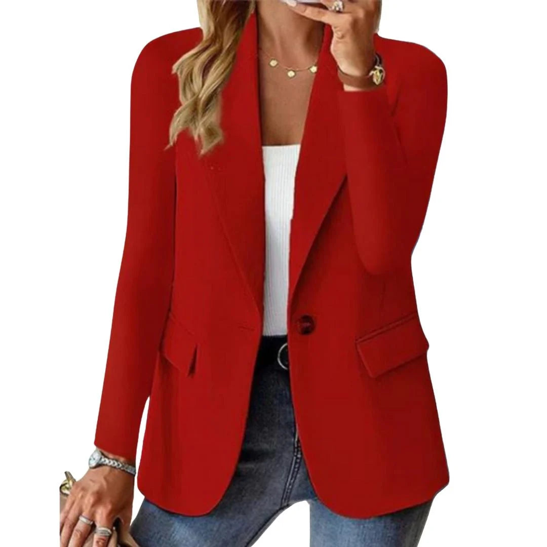 Women's tailored blazer with functional flap pockets and notched lapel collar in neutral tone