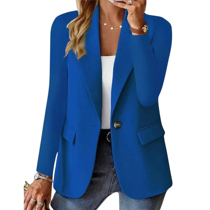 Front view of single button women's blazer showcasing clean lines and polished silhouette