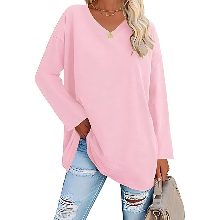 Women's V-Neck Long Sleeve Tunic shown in multiple colour options including blue, magenta, green, and purple shades