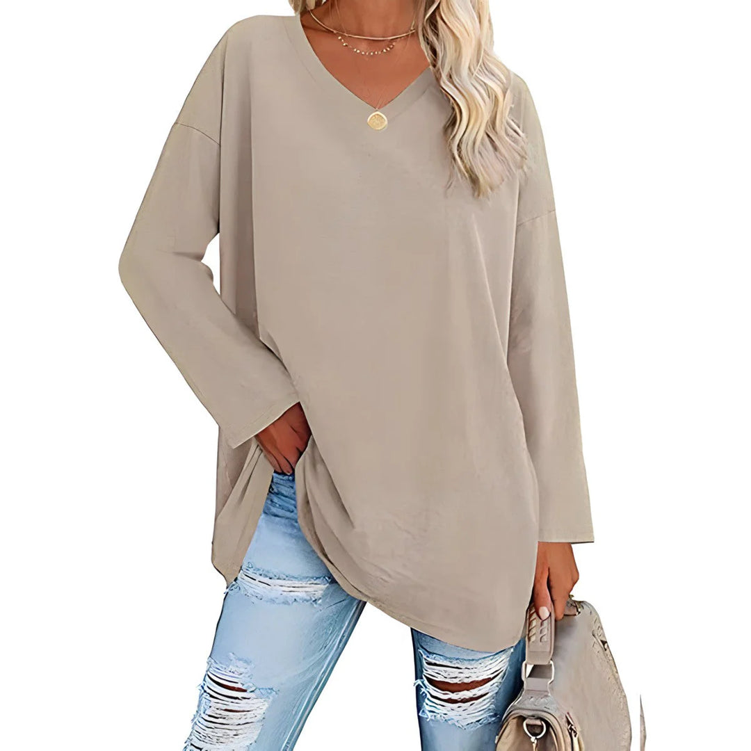 Women's V-Neck Long Sleeve Tunic in grey and black options displaying v-neckline and extended length silhouette