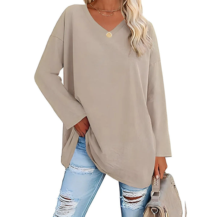Women's V-Neck Long Sleeve Tunic in grey and black options displaying v-neckline and extended length silhouette