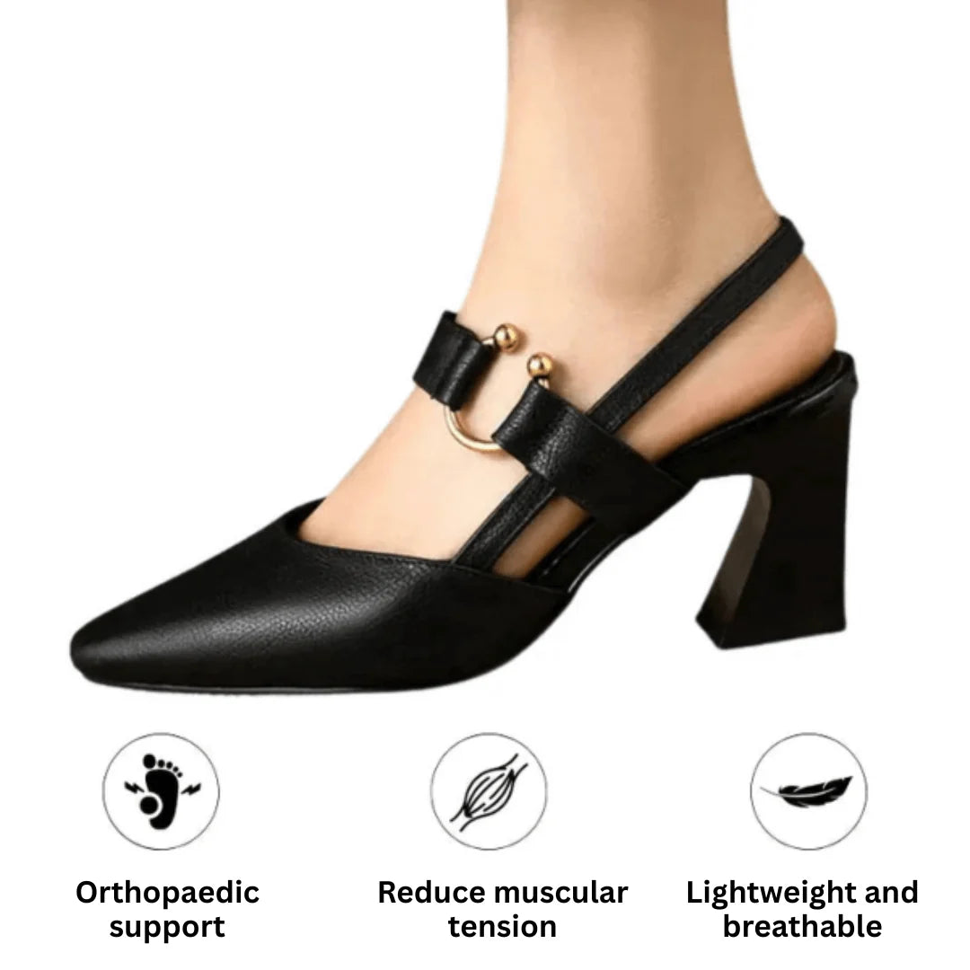 Black heels elegant slingback style with block heel and adjustable ankle strap