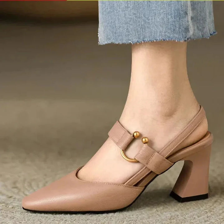 Black heels elegant square toe silhouette with adjustable ankle strap and chunky heel