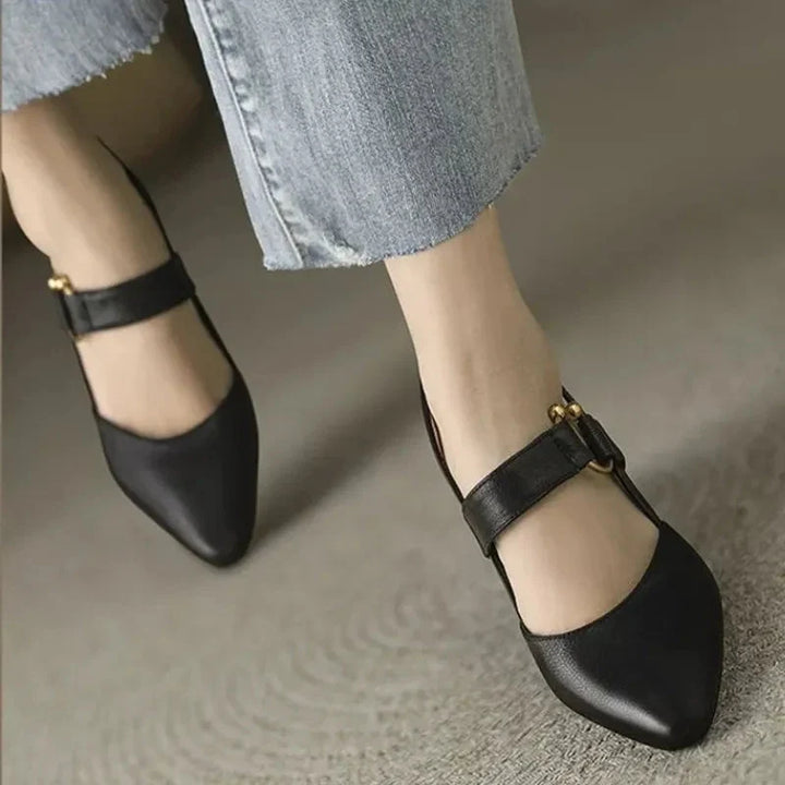 Black heels elegant block heel design with closed toe and ankle strap detail