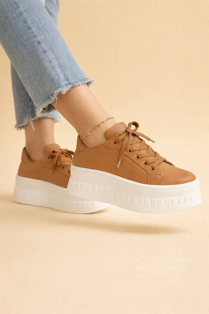 Sophia Platform Comfort Sneakers For Women in tan with chunky white sole and lace-up design