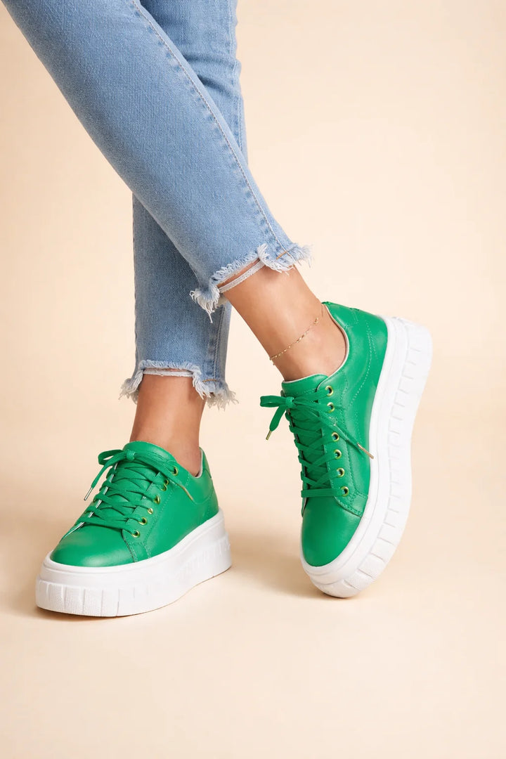 Full view of platform comfort sneakers for women in tan colourway with white contrast sole