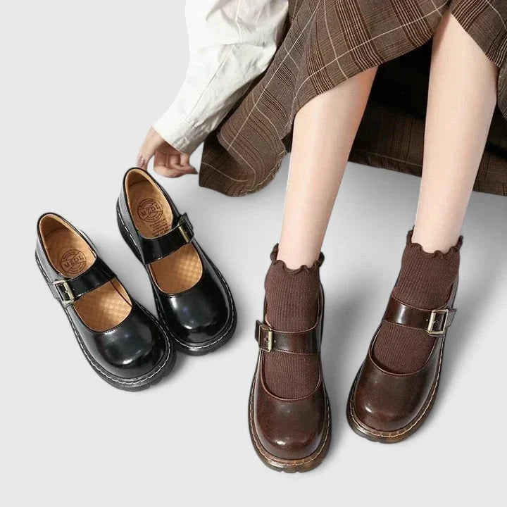 Side view of women's platform Mary Jane shoes showing chunky sole and structured upper