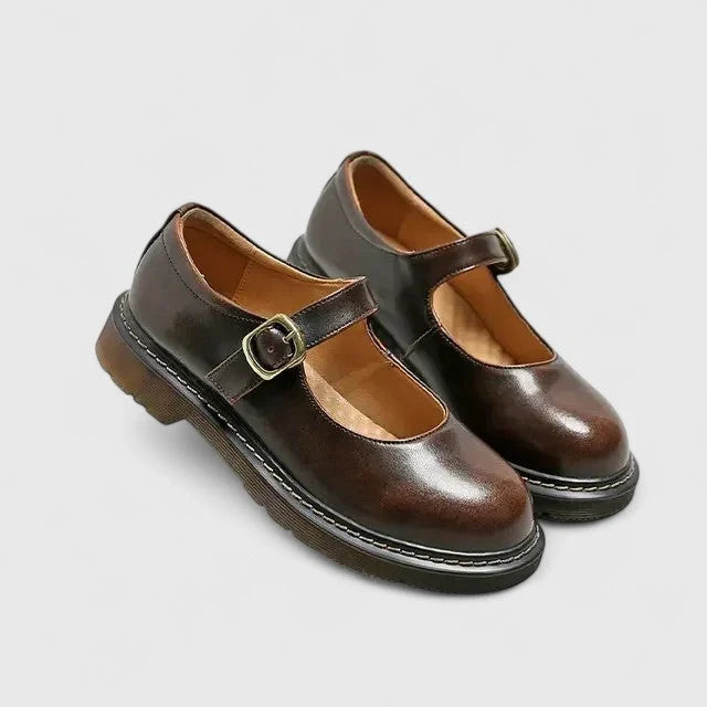 Women's platform Mary Jane shoes styled with beige ribbed socks for casual wear