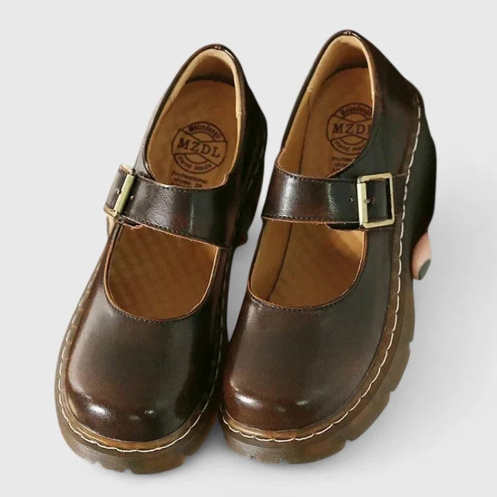Front view of women's platform Mary Jane shoes displaying rounded toe and platform height