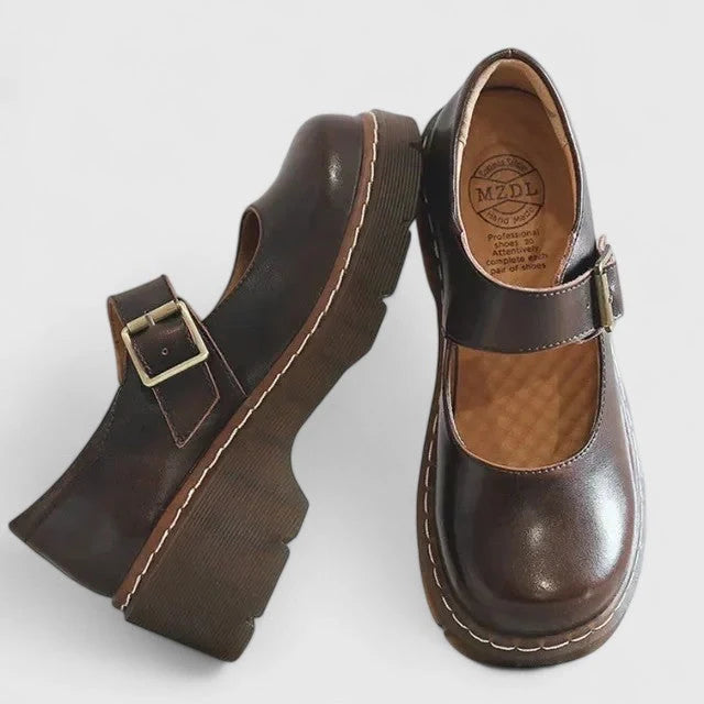 Detail of chunky ribbed sole on women's platform Mary Jane shoes for everyday wear