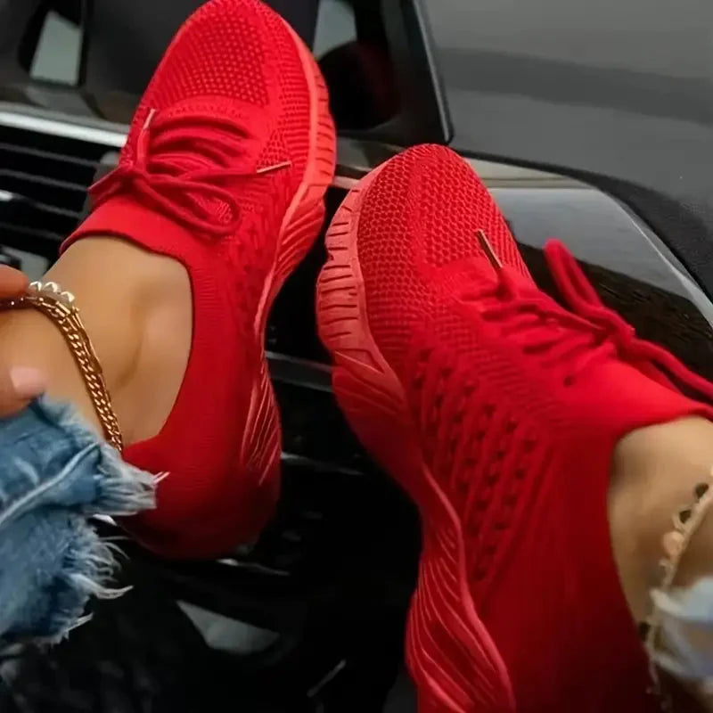 Women's Orthopedic Lightweight Walking Sneakers in vibrant red with breathable mesh upper and flexible sole for all-day comfort