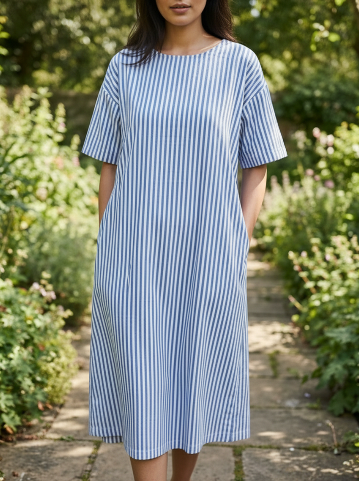 Selina | Striped Cotton Midi Dress Blue