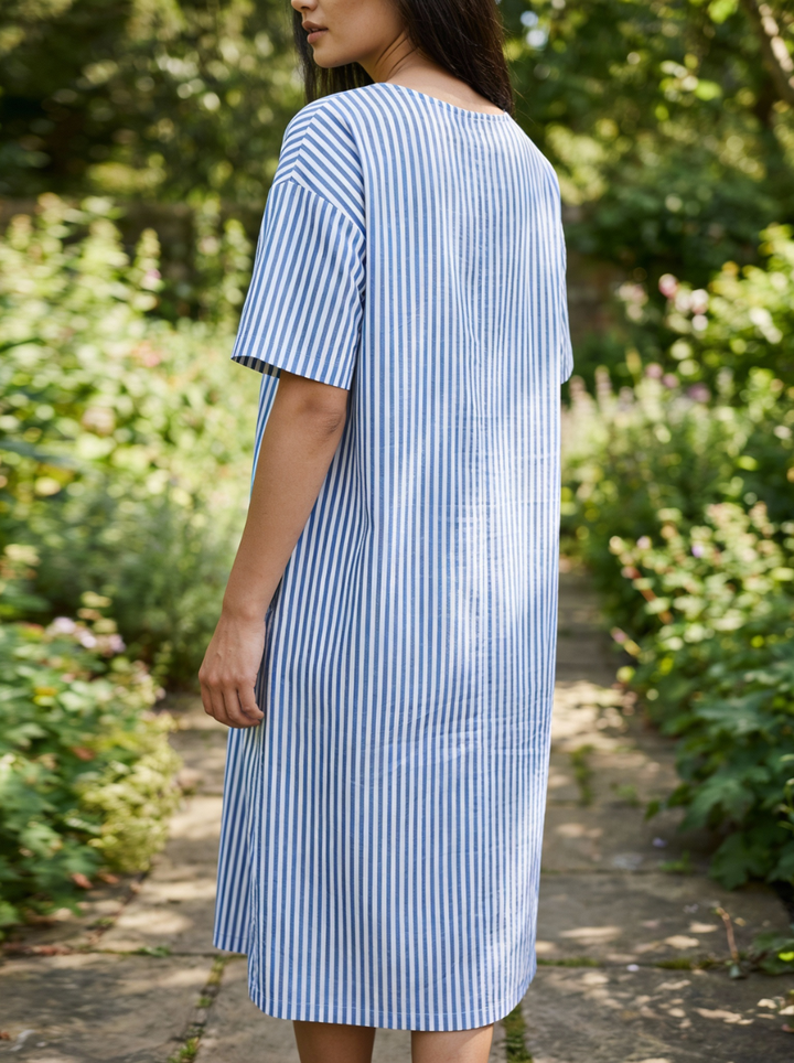 Selina | Striped Cotton Midi Dress Blue