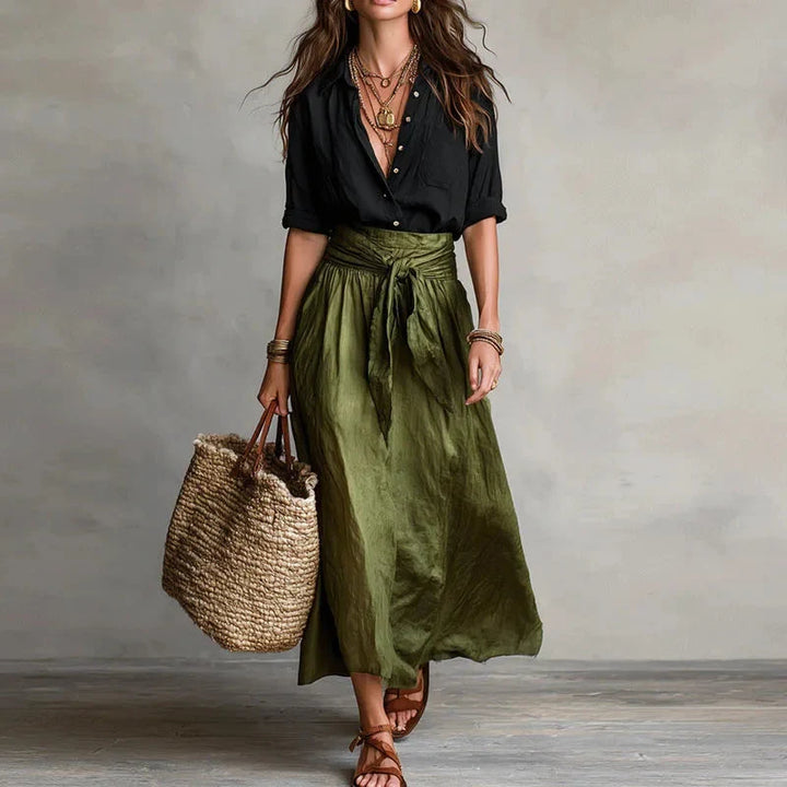 Casual shirt and skirt outfit set with practical side pockets and soft draping fabric