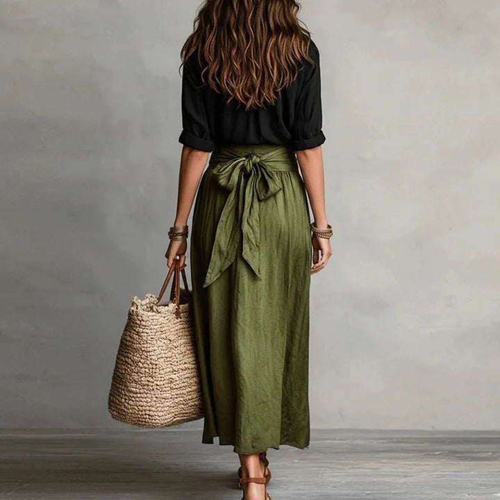 Lightweight two-piece set featuring button-front shirt and tie-waist flowing skirt for everyday wear