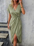 Women's Wrap Midi Dress Short Sleeve Belted Summer Dress in sage green with V-neckline and tie waist