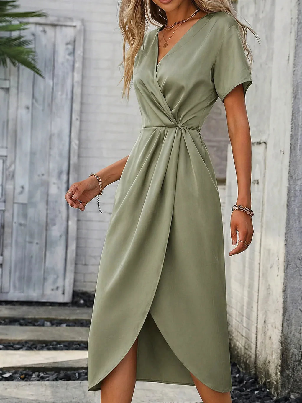 Women's Wrap Midi Dress styled for warm-weather occasions with flattering wrap silhouette