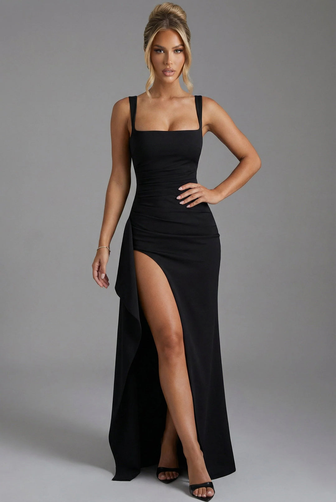Women's Elegant Open-Back Bodycon Slip Maxi Dresses Leg Split in black with side slit and square neckline