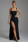 Women's Elegant Open-Back Bodycon Slip Maxi Dresses Leg Split in black with side slit and square neckline