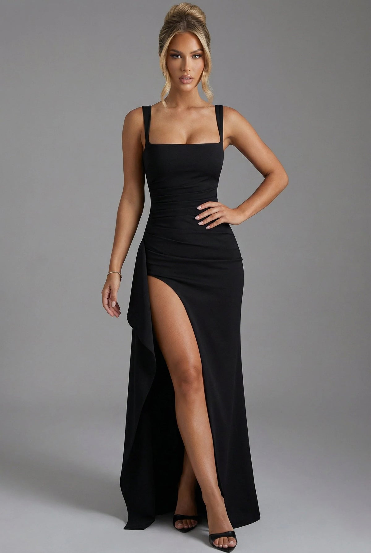 Women's Elegant Open-Back Bodycon Slip Maxi Dresses Leg Split in black with side slit and square neckline