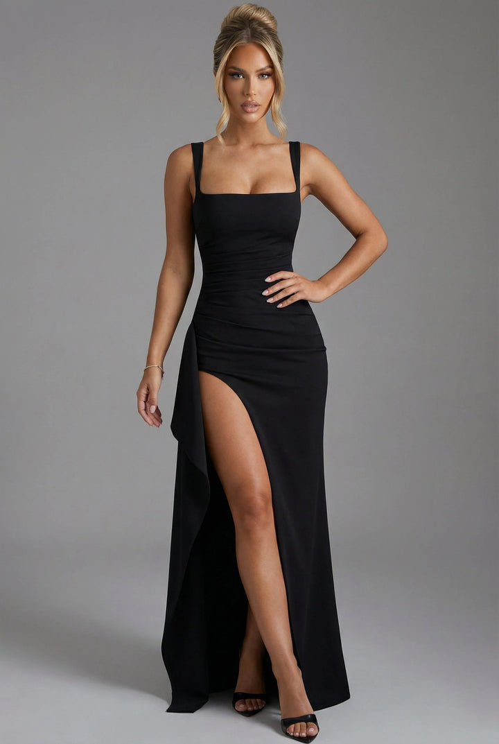 Women's Elegant Open-Back Bodycon Slip Maxi Dresses Leg Split in black with side slit and square neckline