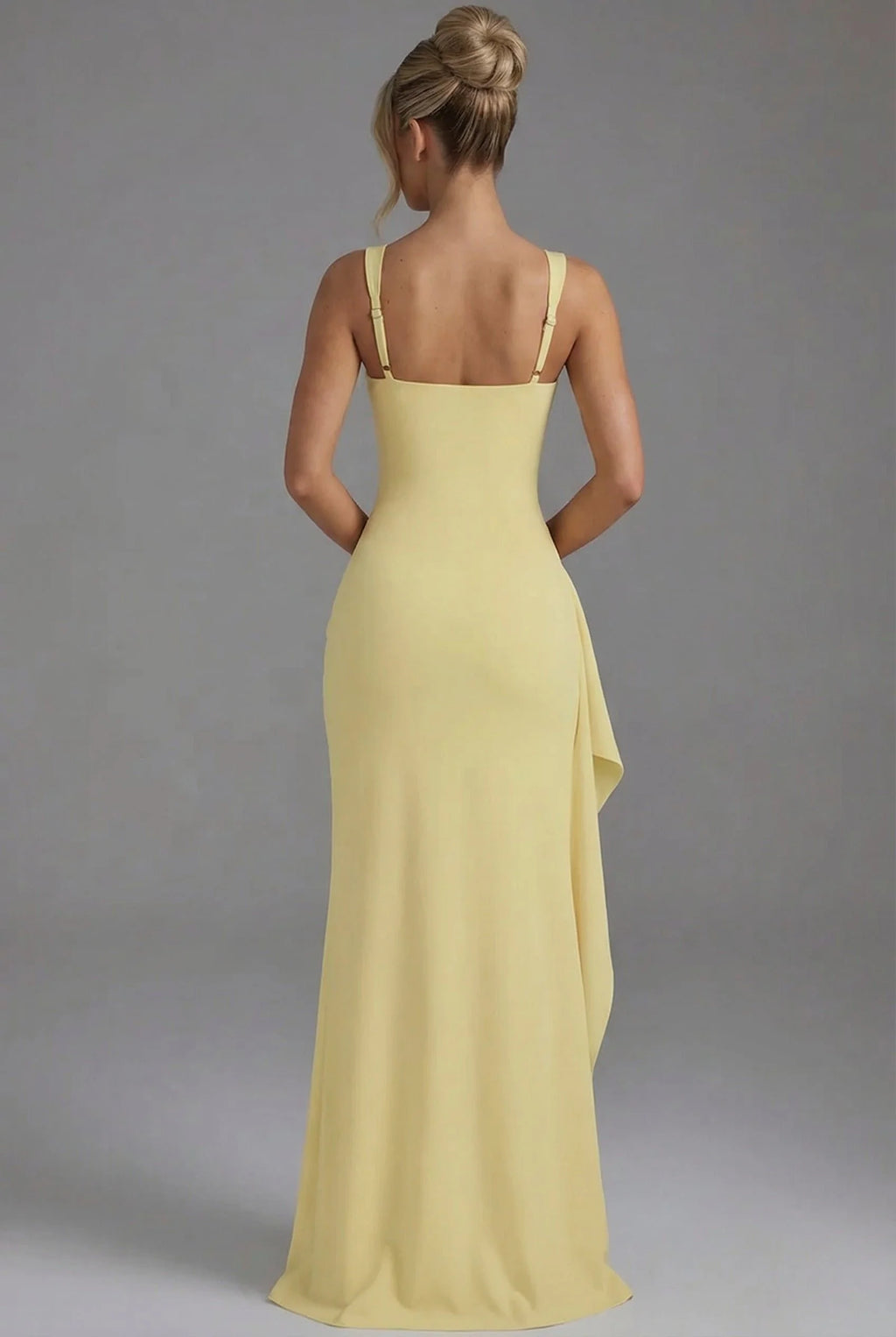 Women's Elegant Open-Back Bodycon Slip Maxi Dresses Leg Split in black displaying sleek tailored lines and movement