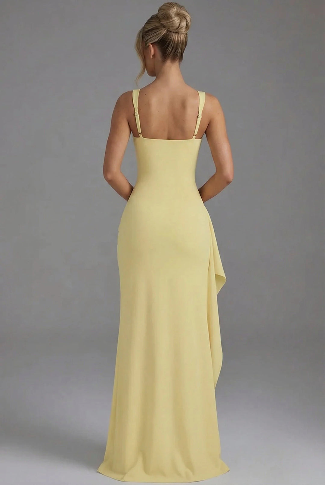 Women's Elegant Open-Back Bodycon Slip Maxi Dresses Leg Split in black displaying sleek tailored lines and movement