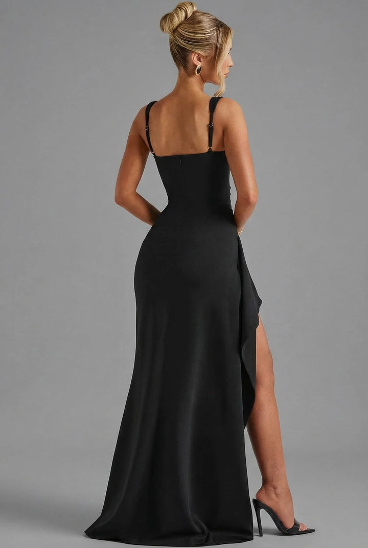 Front view of Women's Elegant Open-Back Bodycon Slip Maxi Dresses Leg Split showing sleek bodycon silhouette and leg split