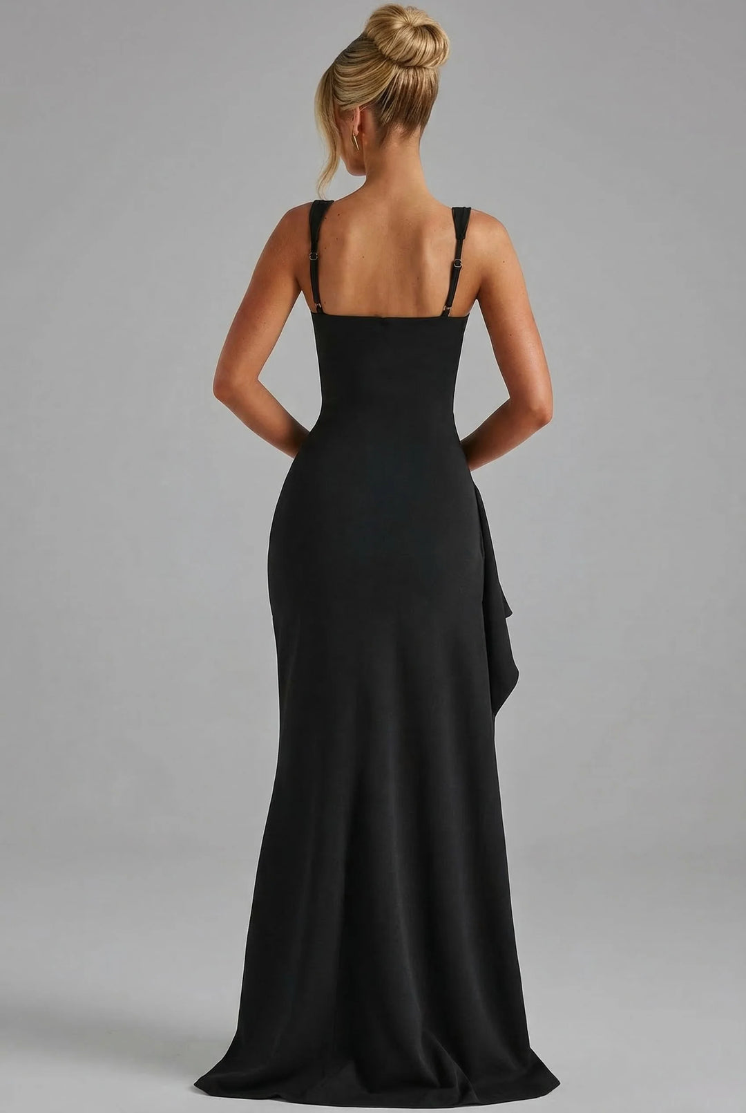 Back view of Women's Elegant Open-Back Bodycon Slip Maxi Dresses Leg Split showcasing the open-back cut-out design