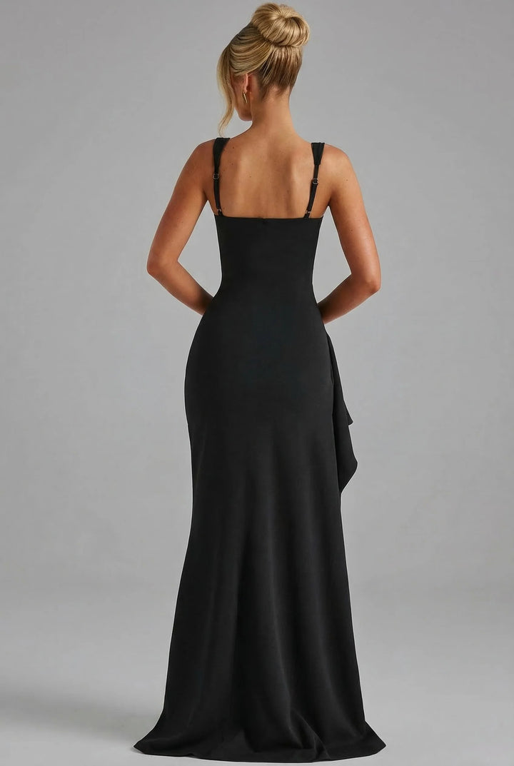 Back view of Women's Elegant Open-Back Bodycon Slip Maxi Dresses Leg Split showcasing the open-back cut-out design