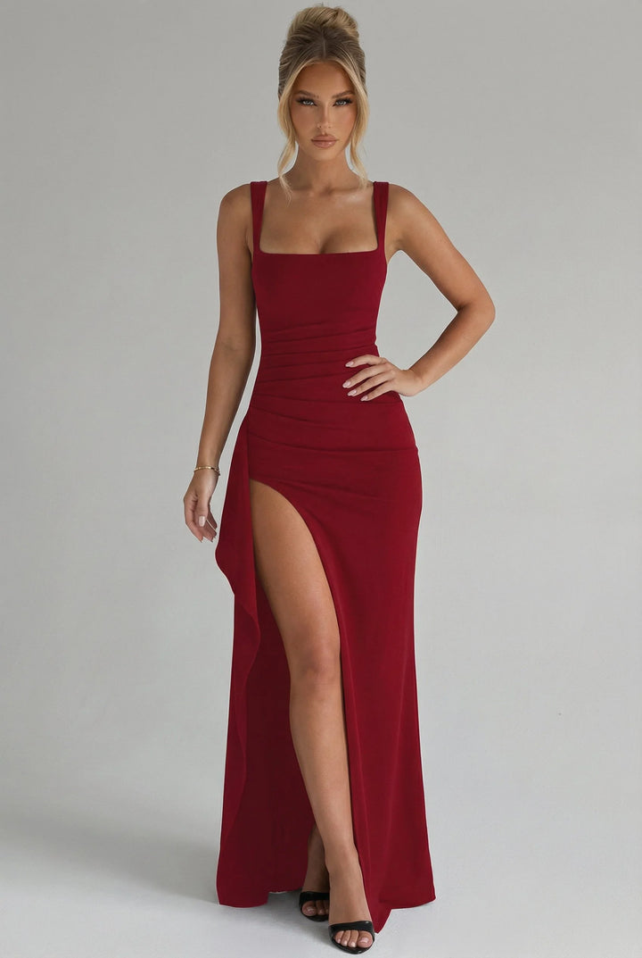 Close-up of Women's Elegant Open-Back Bodycon Slip Maxi Dresses Leg Split square neckline and shoulder straps