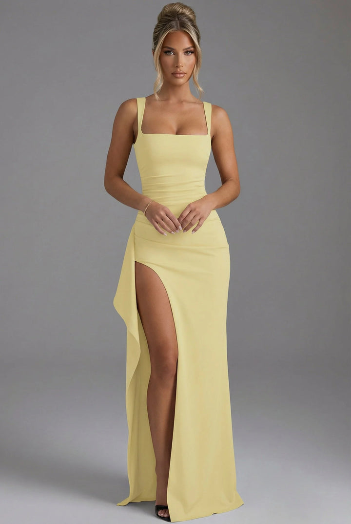 Women's Elegant Open-Back Bodycon Slip Maxi Dresses Leg Split styled with strappy heels for cocktail event