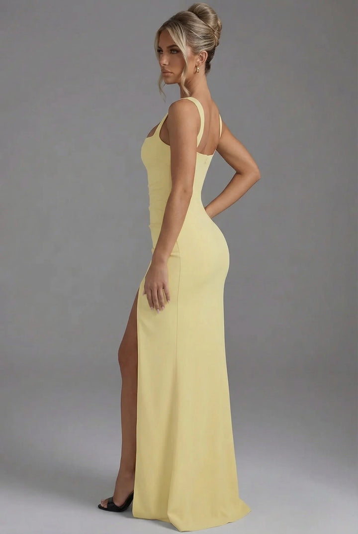 Rear angle of Women's Elegant Open-Back Bodycon Slip Maxi Dresses Leg Split showing open-back feature and fit