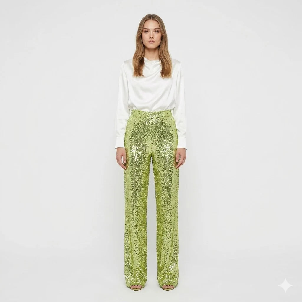Women's sequin straight-leg party pants for women in chartreuse green with high-waist silhouette and full sequin finish